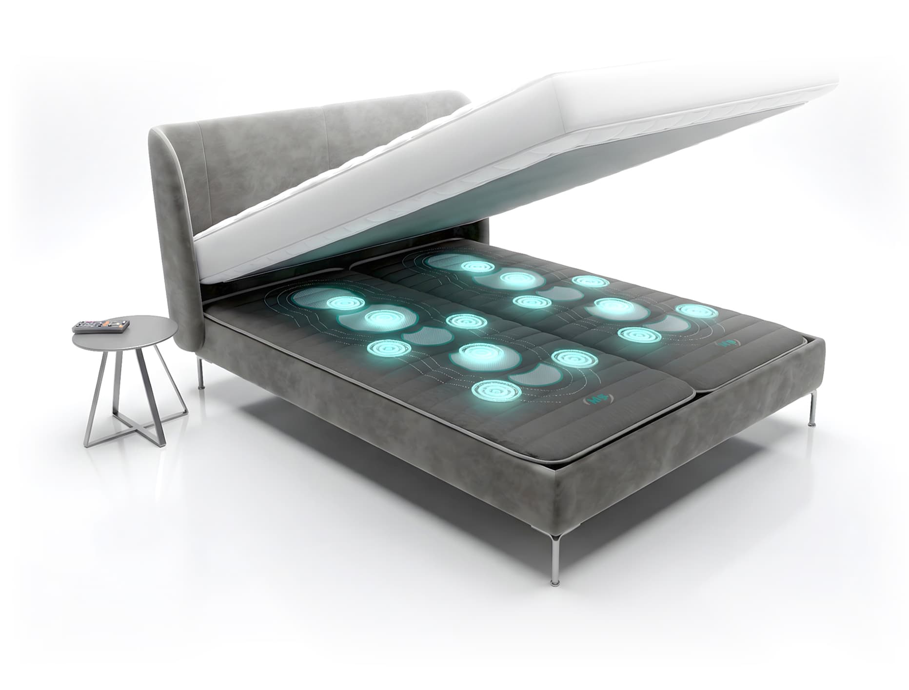 ANDUFIT-module onder de matras — 7 andulatiemotoren zichtbaar